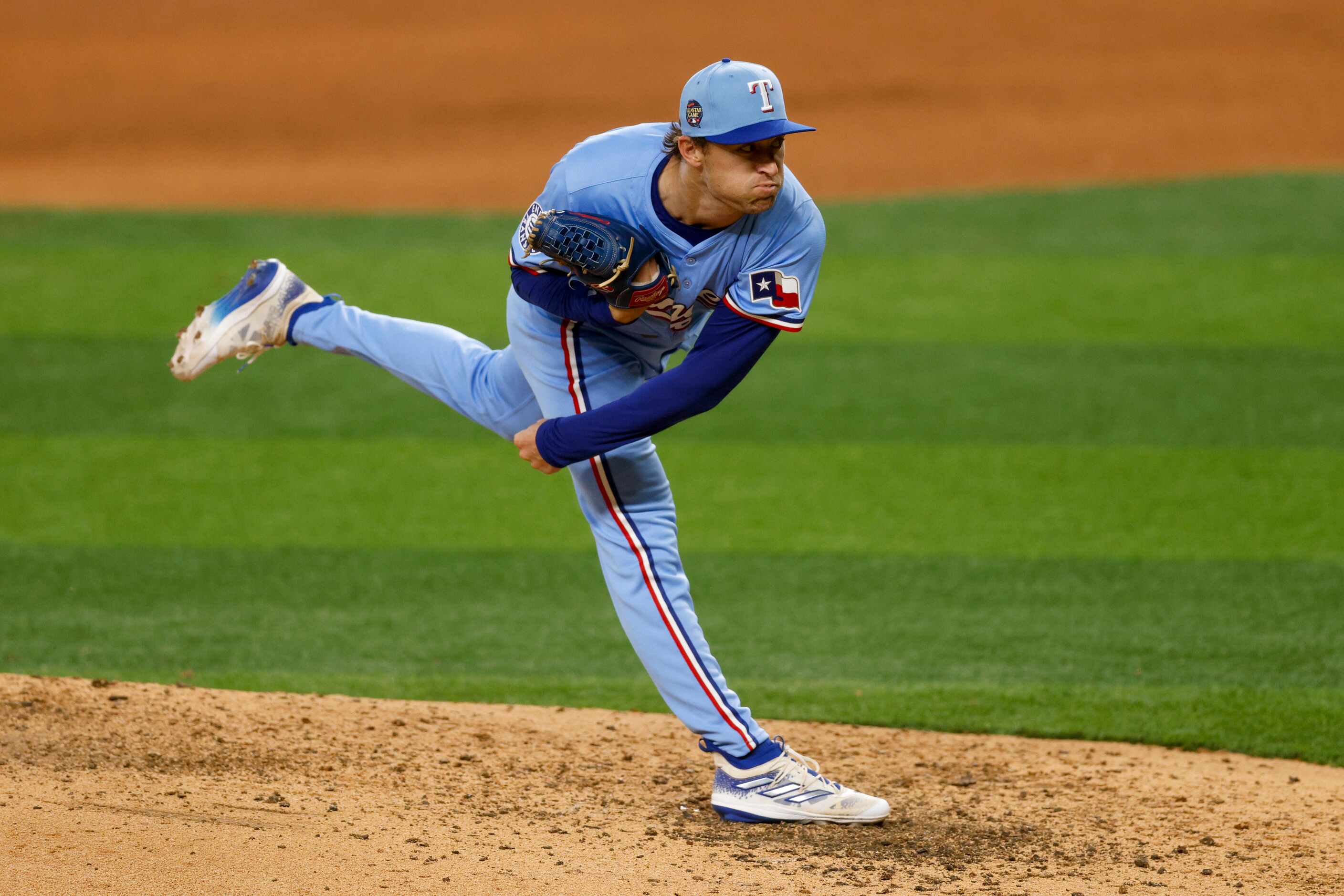 Texas Rangers pitcher Jacob Latz (67) throws during the eighth inning against the Houston...