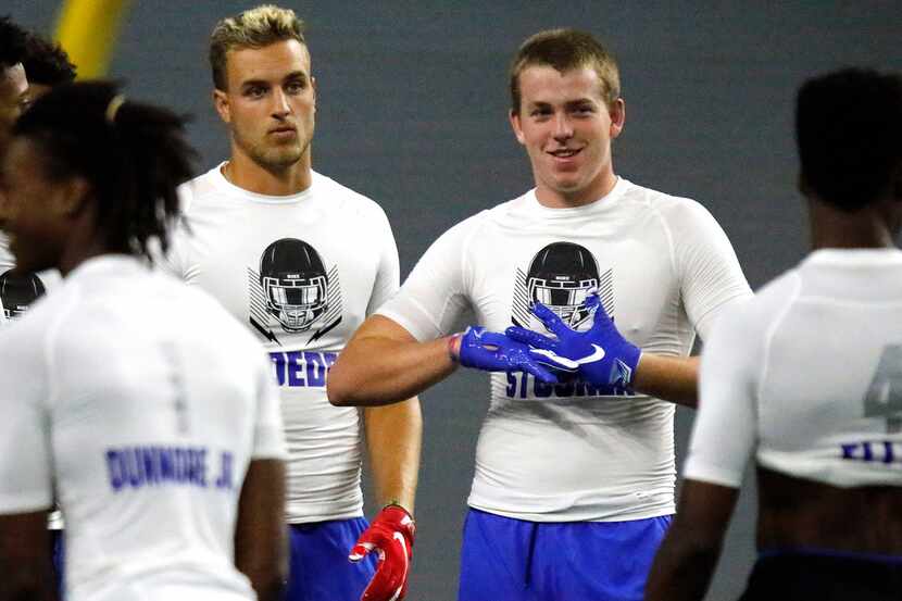 Austin Stogner, a tight end from Prestonwood Christian Academy, waits for a drill to start...