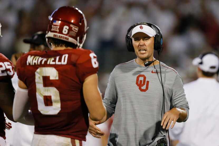 FILE - In this Sept. 17, 2016, file photo, Oklahoma offensive coordinator Lincoln Riley,...