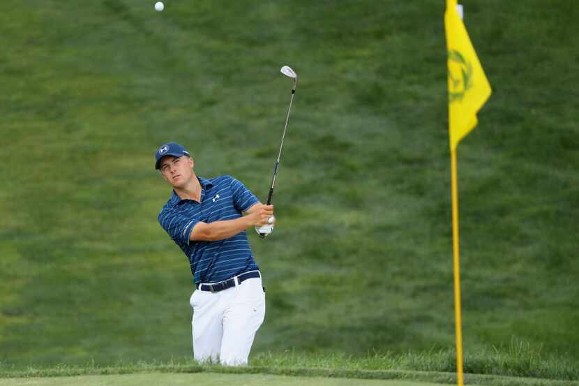 DUBLIN, OH - JUNE 05:  Jordan Spieth hits his third shot on the 18th hole during the final...