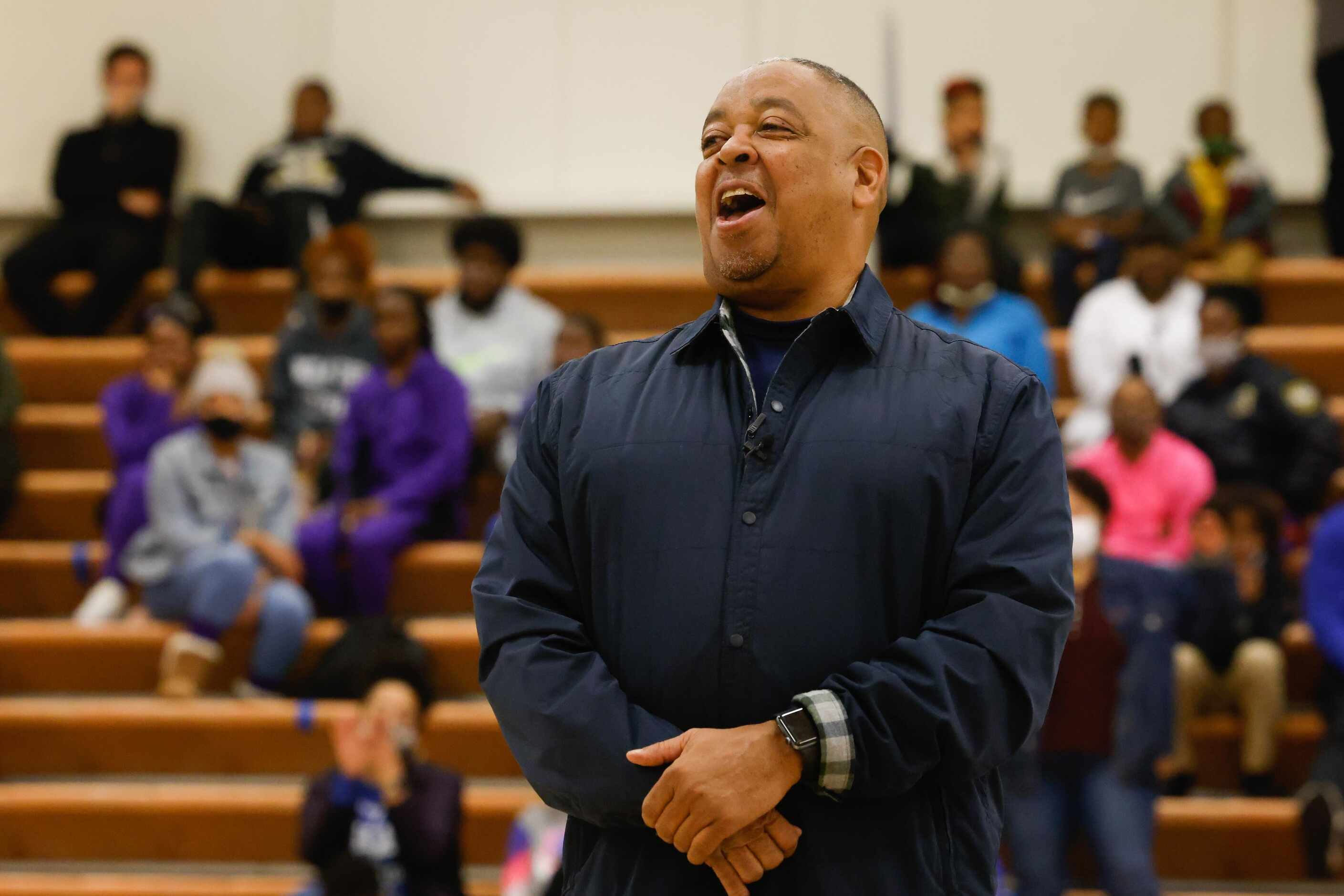 Former NBA basketball player Michael Anthony Jerome "Spud" Webb during halftime ceremony for...