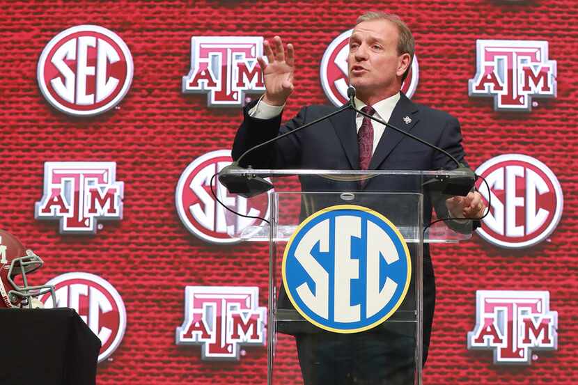 Texas A&M head coach Jimbo Fisher holds his SEC Media Days press conference at the College...