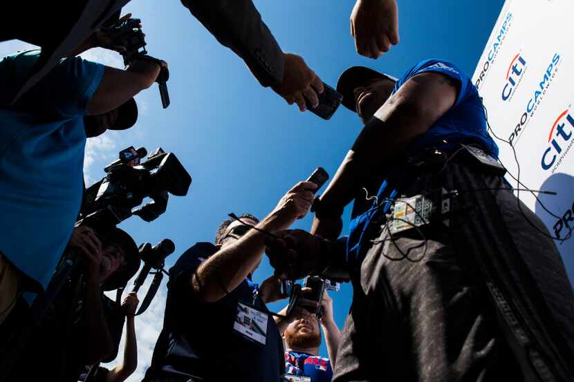 Dallas Cowboys quarterback Dak Prescott speaks to members of the media during The Citi Dak...