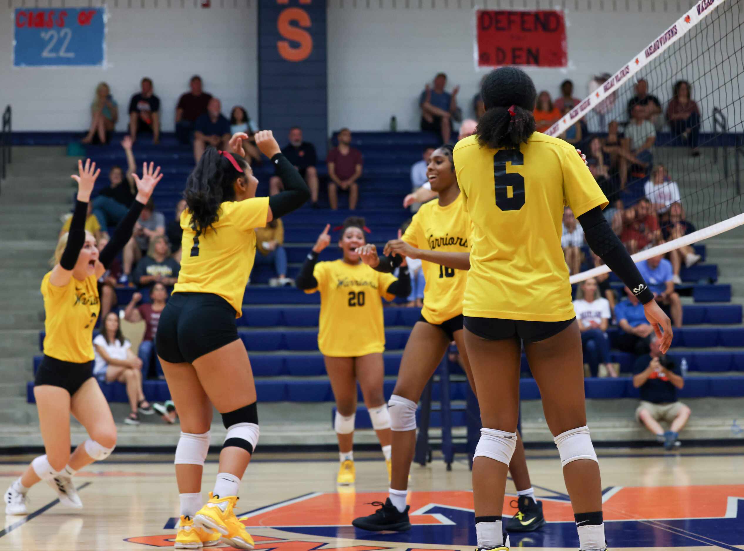 Frisco ISD’s Memorial High School celebrate a point during the third set of a game against...
