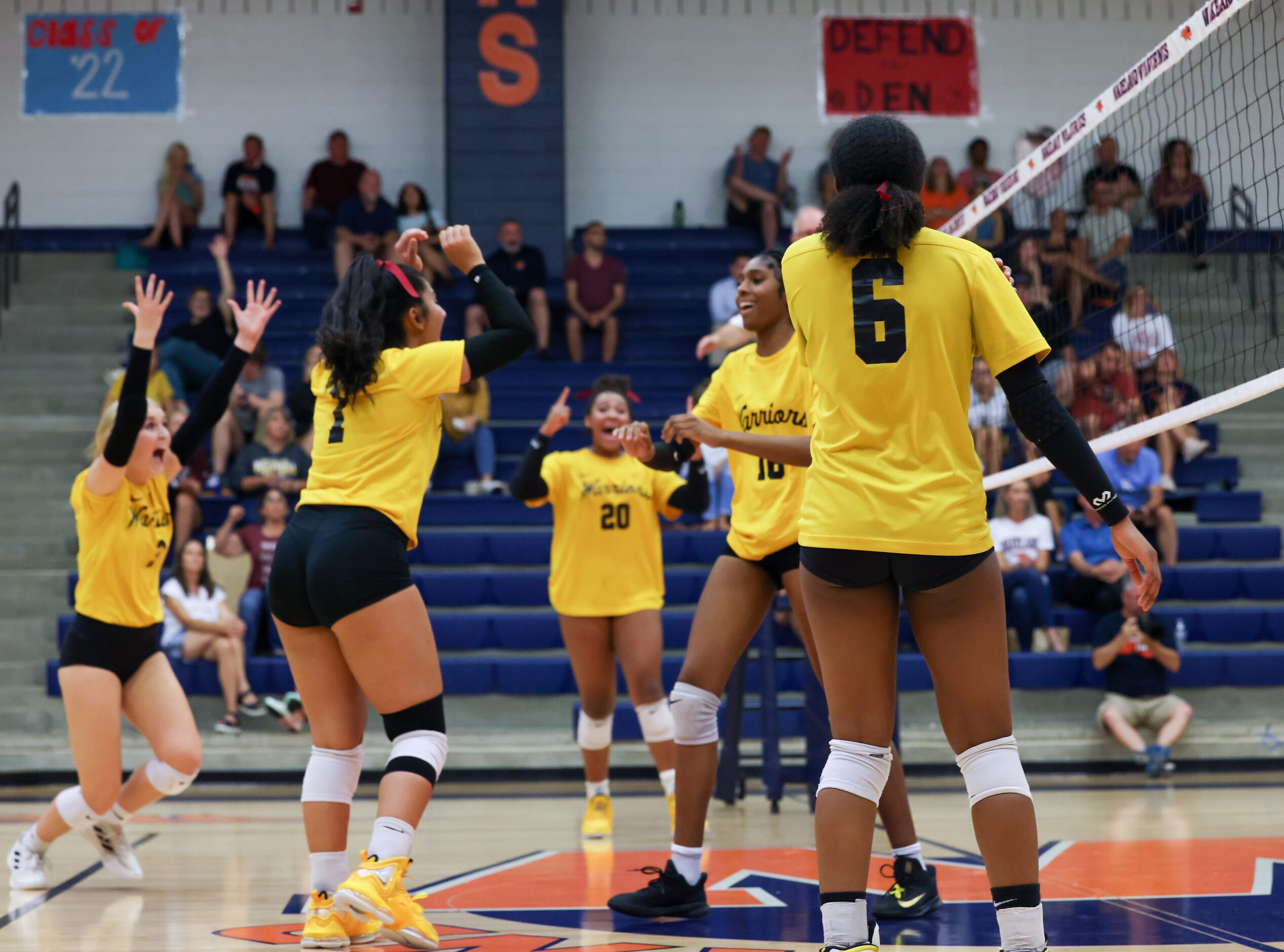 Frisco ISD’s Memorial High School celebrate a point during the third set of a game against...