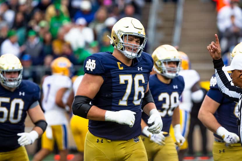 FILE - Notre Dame offensive lineman Joe Alt (76) during the second half of an NCAA college...