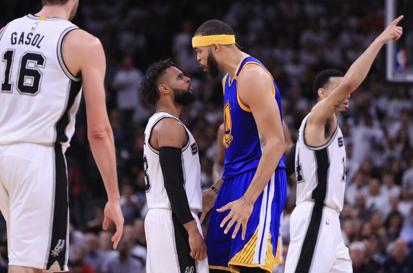 SAN ANTONIO, TX - MAY 20:  JaVale McGee #1 of the Golden State Warriors exchanges words with...