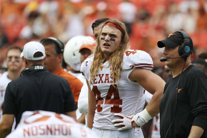 LANDOVER, MD - SEPTEMBER 1: Breckyn Hager #44 of the Texas Longhorns looks on in the first...