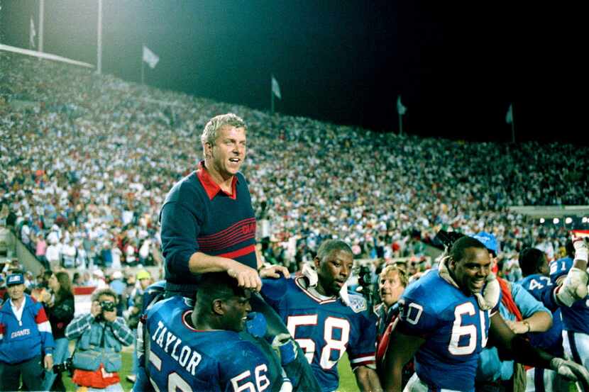 FILE - In this Sunday, Jan. 28, 1991 file photo, New York Giants coach Bill Parcells is...
