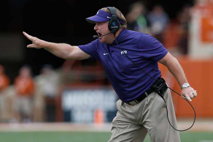 AUSTIN, TX - SEPTEMBER 22:  Head coach Gary Patterson of the TCU Horned Frogs reacts in the...