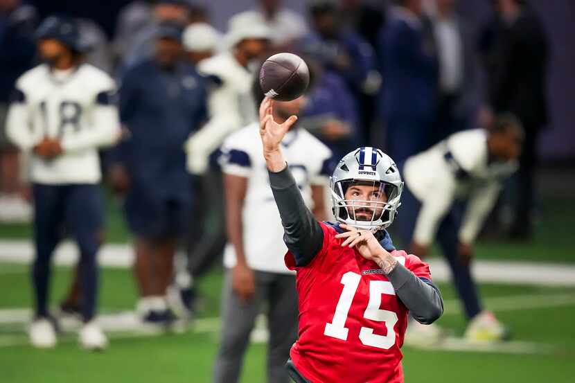 Dallas Cowboys quarterback Will Grier (15) throws a pass during a training camp practice on...