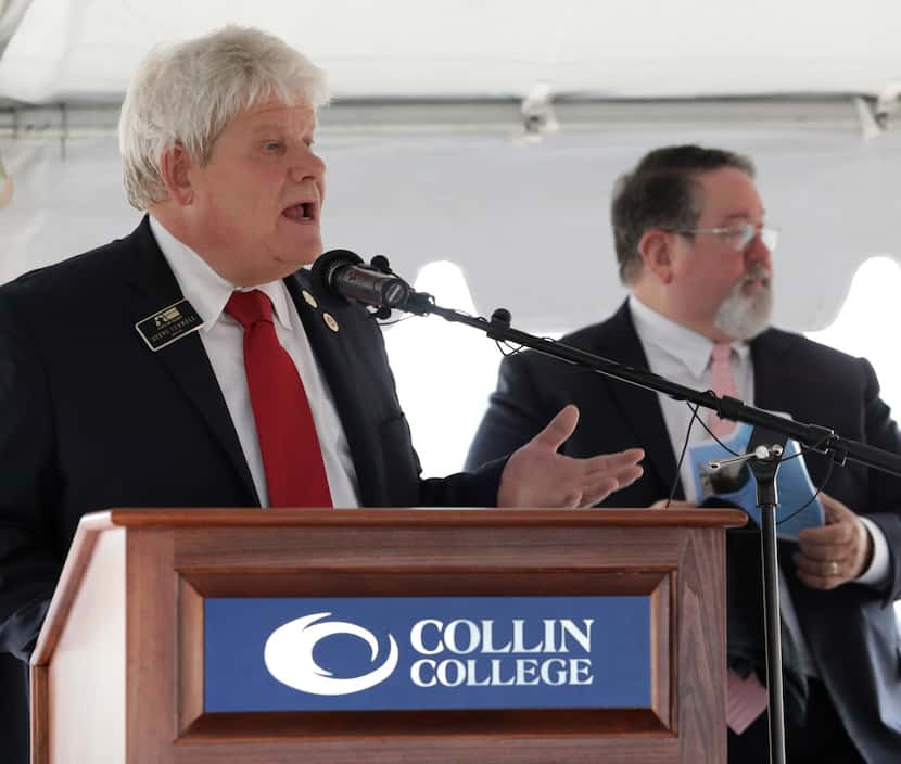 Allen Mayor Steve Terrell speaks during a groundbreaking event at the new Collin College...