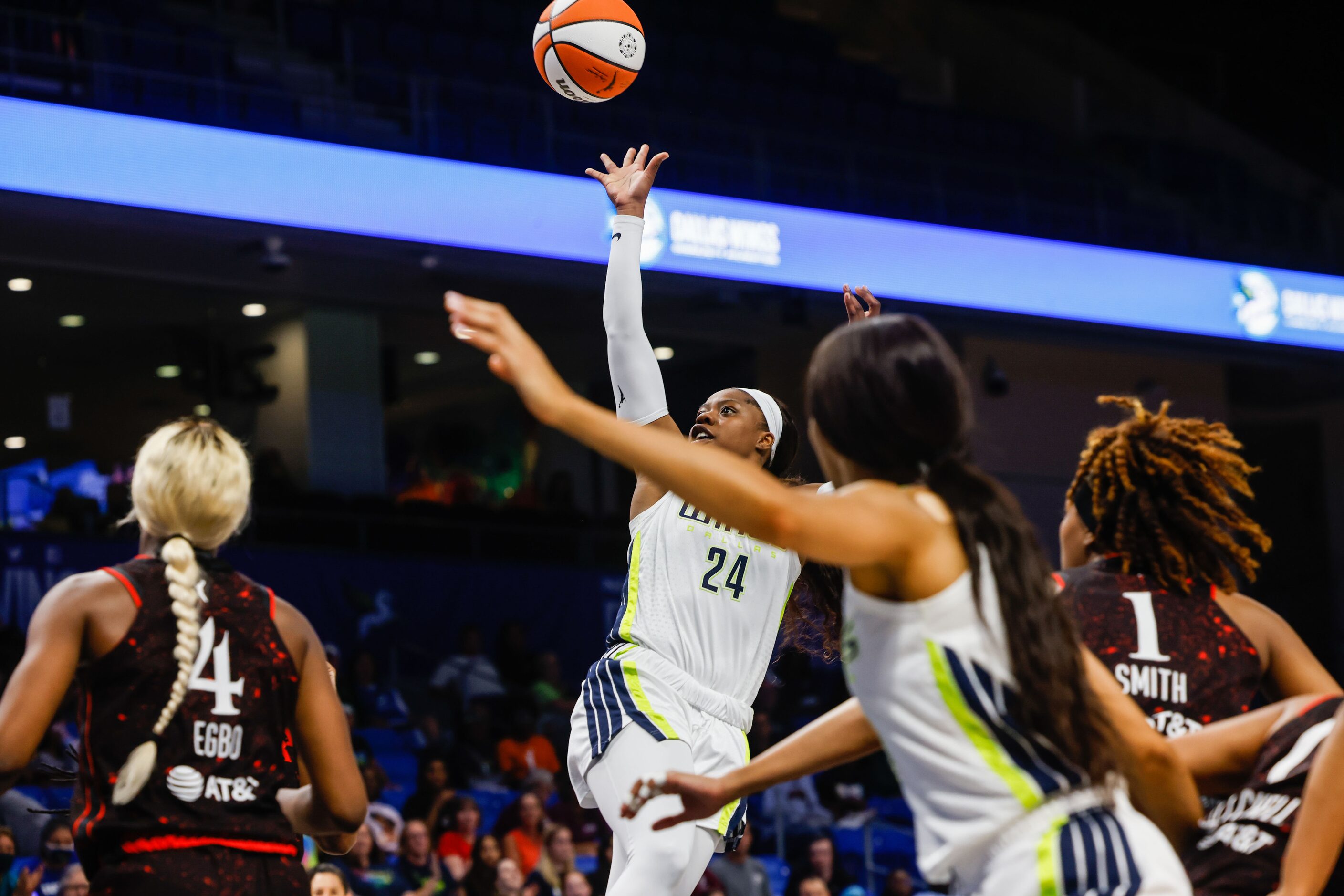 Dallas Wings guard Arike Ogunbowale (24) during a game against Indiana Fever at the College...