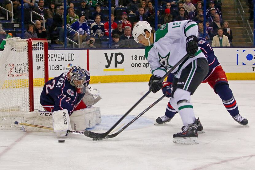 COLUMBUS, OH - MARCH 4:  Sergei Bobrovsky #72 of the Columbus Blue Jackets stops a shot from...