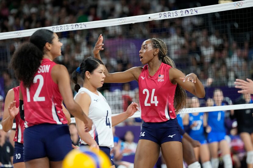 Chiaka Ogbogu of the United States, reacts during a gold medal women's volleyball match...