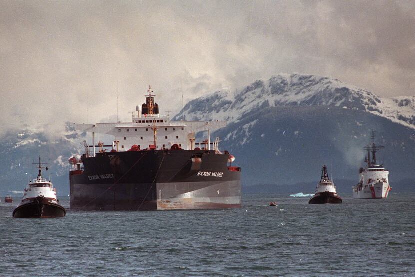 In this June 23, 1989 file photo, the Exxon Valdez is towed out of Prince William Sound in...