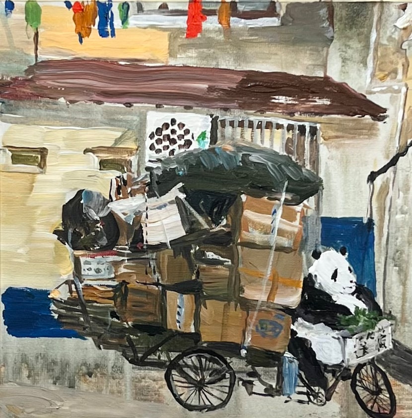 A panda transports a heavy load in Charles Meng's 2024 painting "Pedaling Panda." 