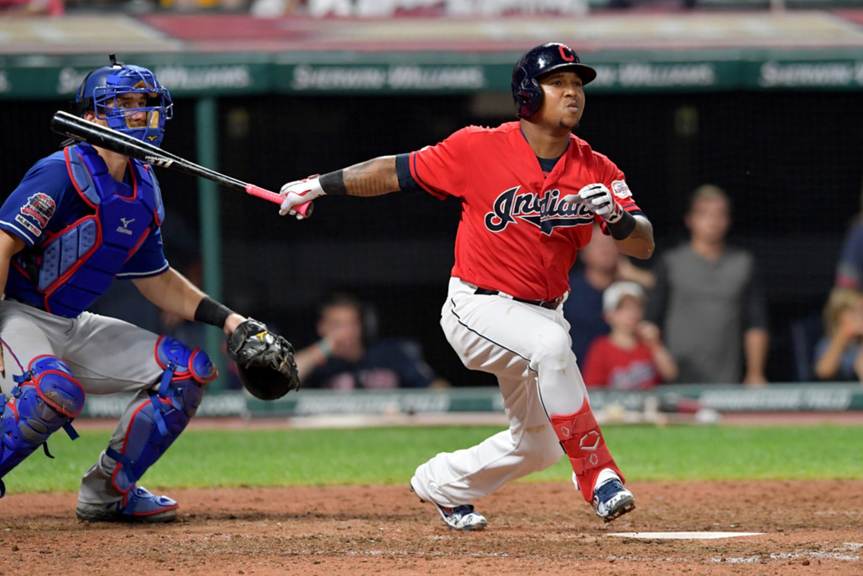 CLEVELAND, OHIO - AUGUST 05: Jose Ramirez #11 of the Cleveland Indians hits a double during...