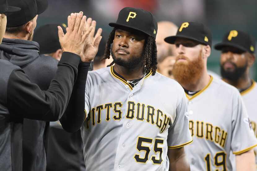 WASHINGTON, DC - APRIL 12:  Josh Bell #55 of the Pittsburgh Pirates celebrates a win after a...