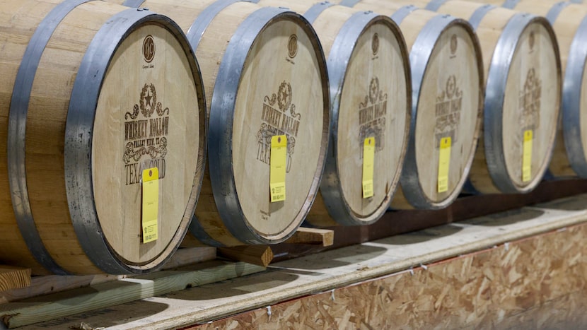 Barrels of liquor sit on display at Whiskey Hollow in Muenster.