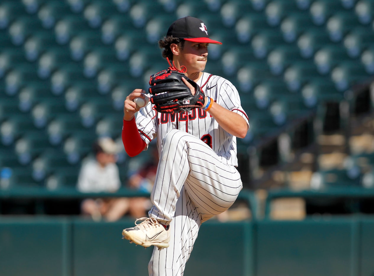 Lovejoy pitcher Grant Harlan (3) delivers a pitch to a Magnolia West batter during the top...