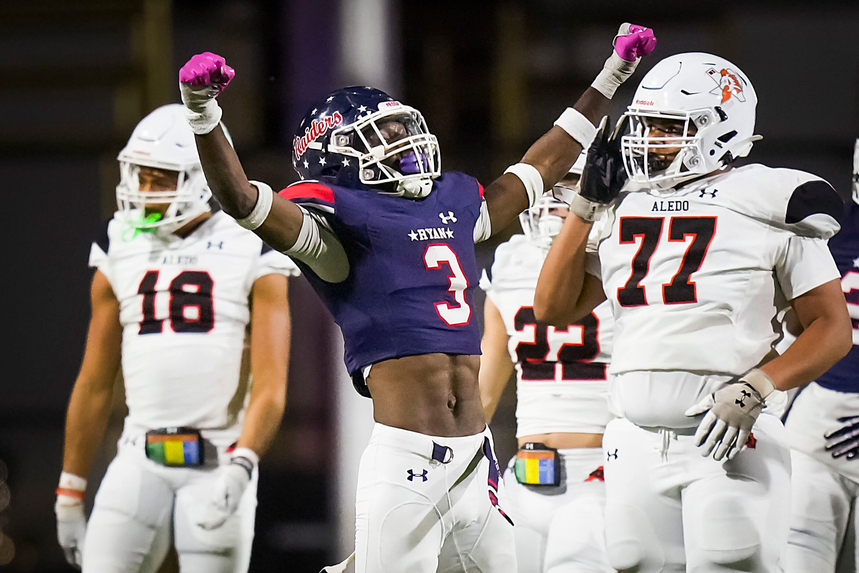 Denton Ryan defensive back Kaden Kelly (3) celebrates after a defensive stop during the...