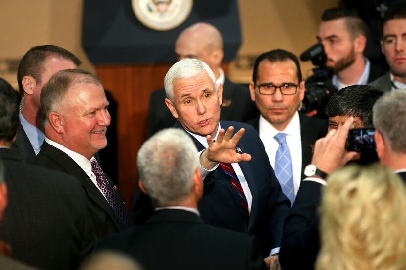 Vice President Mike Pence greets attendees at Harshaw Tranes facility in Louisville, Ky.,...