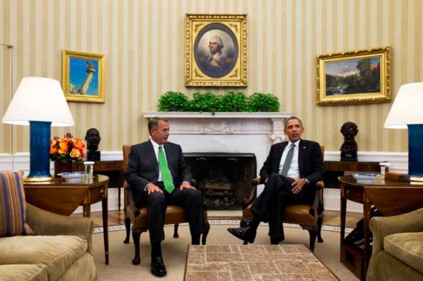 
President Barack Obama meets with House Speaker John Boehner in the Oval Office in...