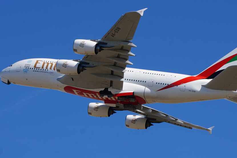  An Airbus A380 operated by Emirates Airline as it near Dallas/Fort Worth International...