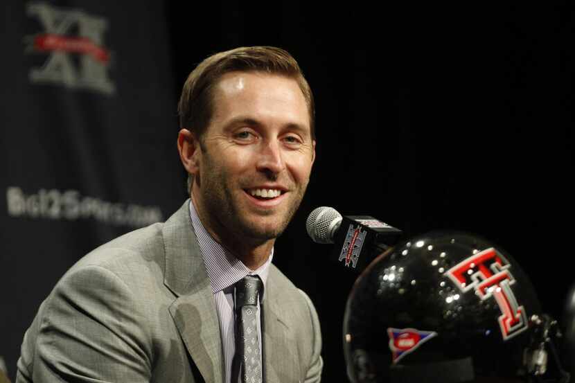 Texas Tech football coach Kliff Kingsbury answers questions from the media during the Big 12...