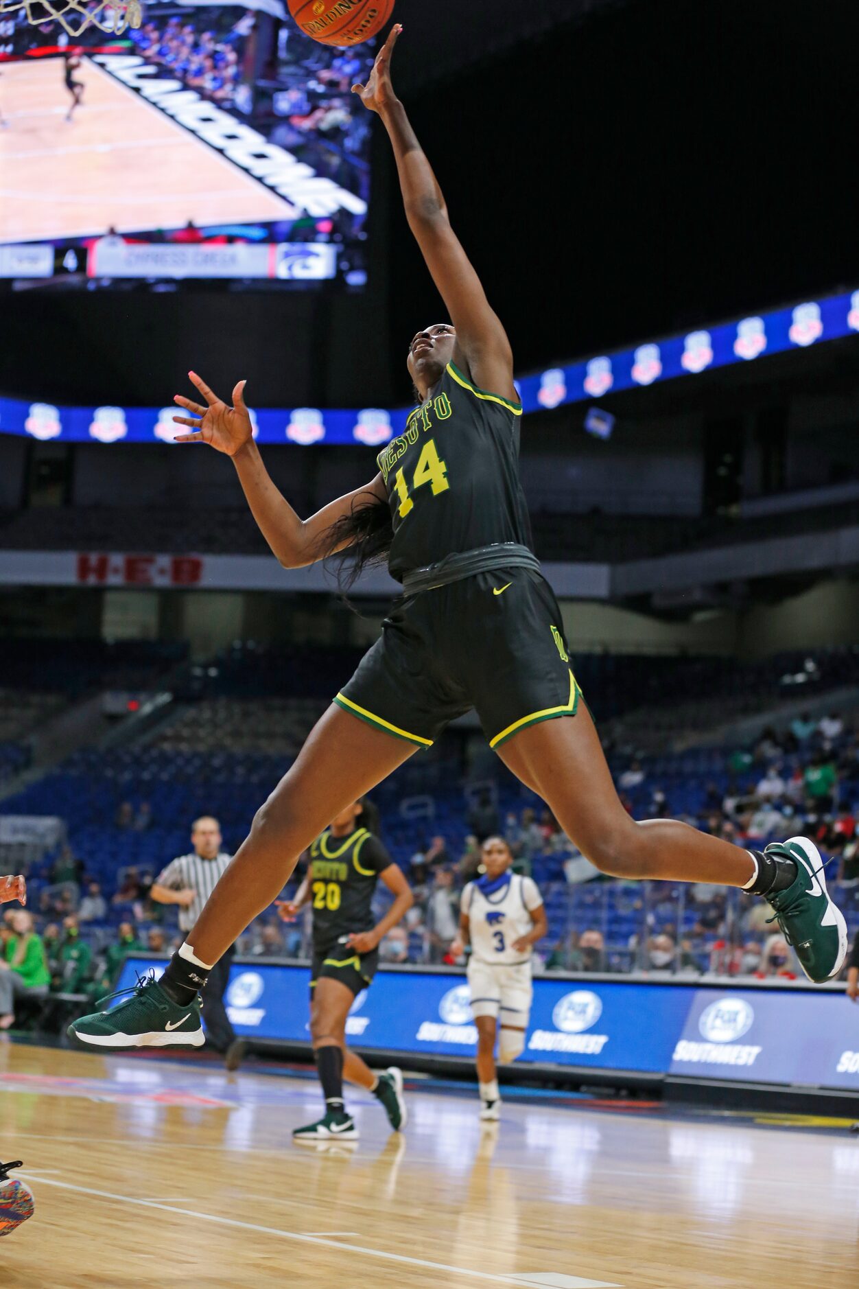 DeSoto Amina Muhammad #14 drives for two. DeSoto vs. Cypress Creek girls basketball Class 6A...