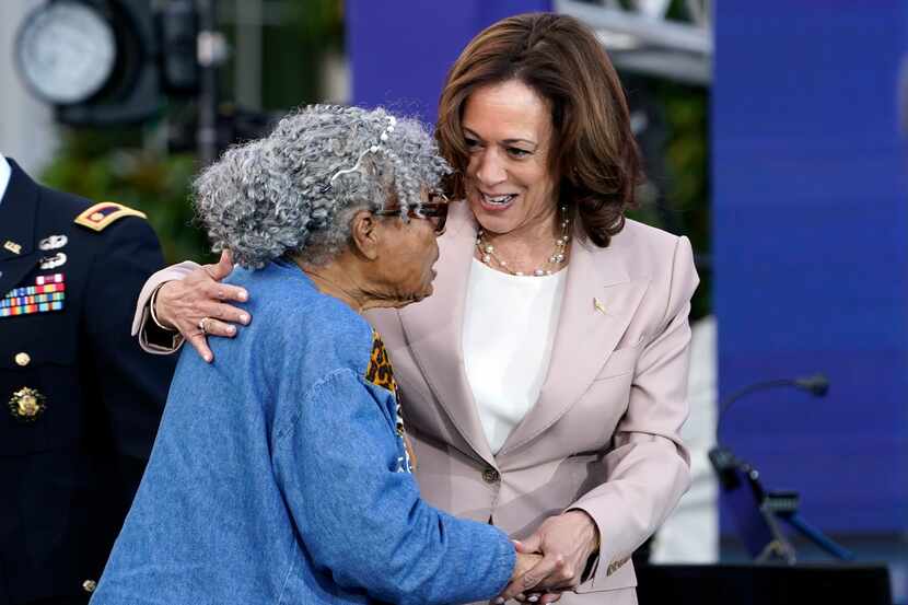 Vice President Kamala Harris welcomes Opal Lee of Fort Worth to the stage during a...