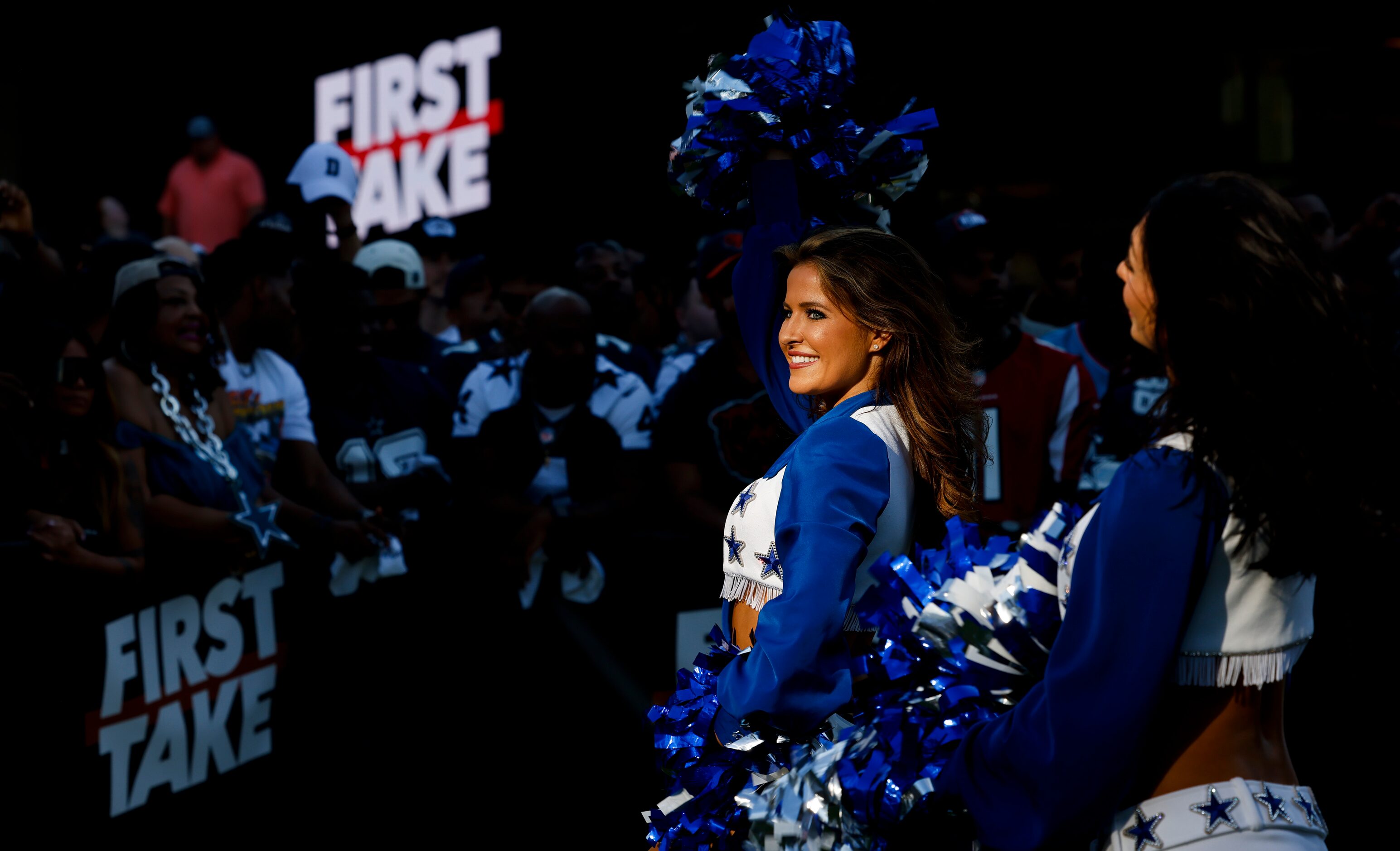 Dallas Cowboys cheerleaders perform during the recording of ESPN’s First Take in the...