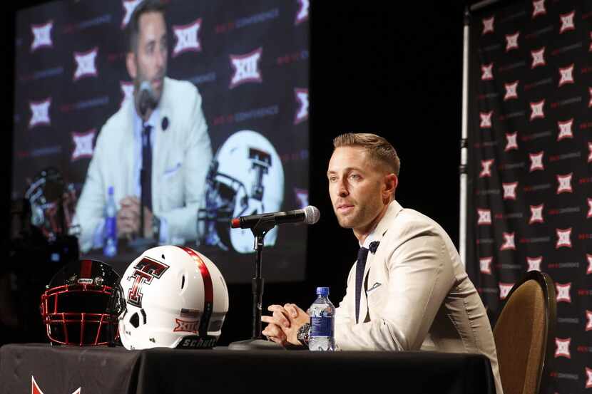 Texas Tech head football coach Cliff Kingsbury responds to questions from the media during...