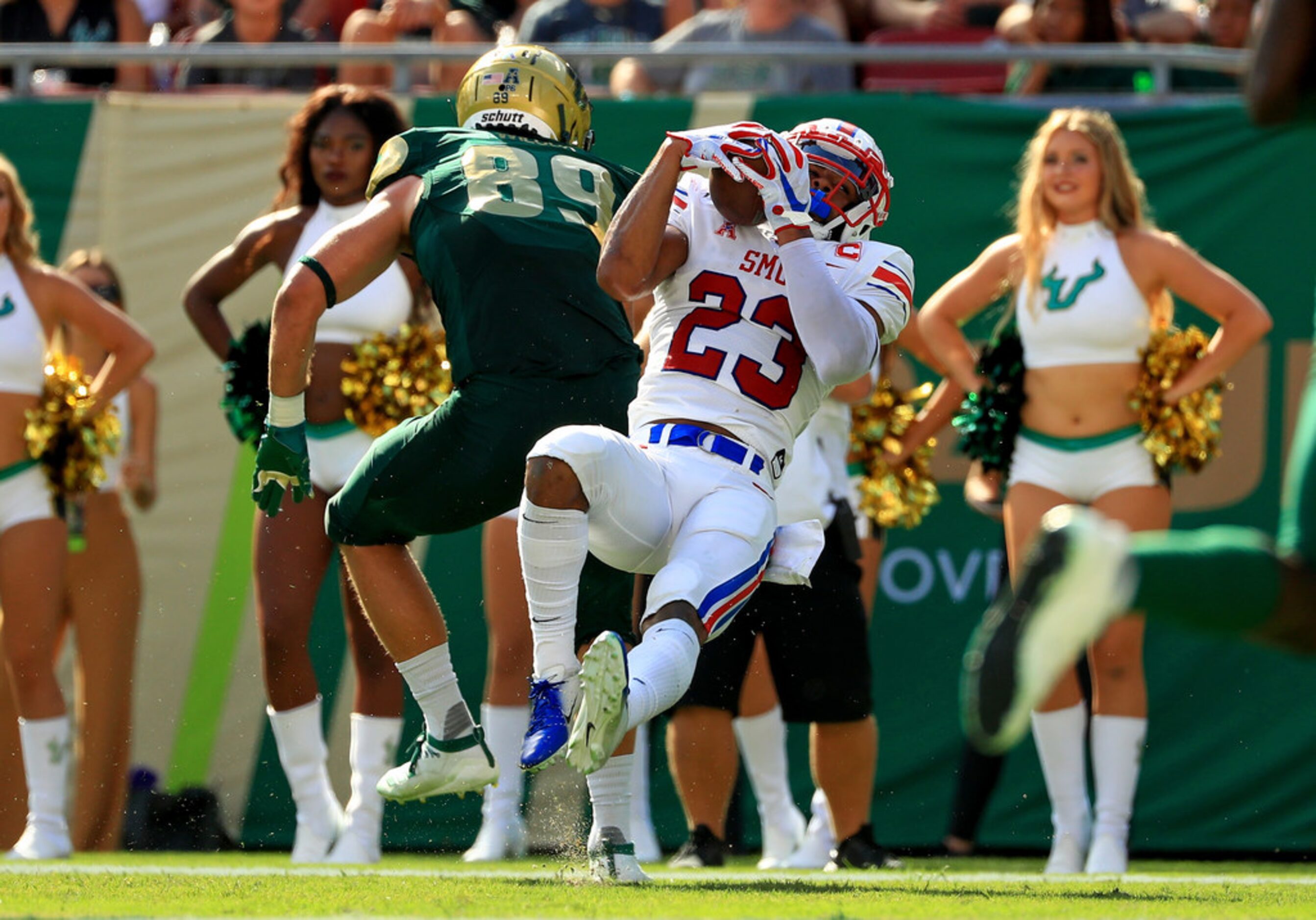 TAMPA, FLORIDA - SEPTEMBER 28: Rodney Clemons #23 of the Southern Methodist Mustangs makes...