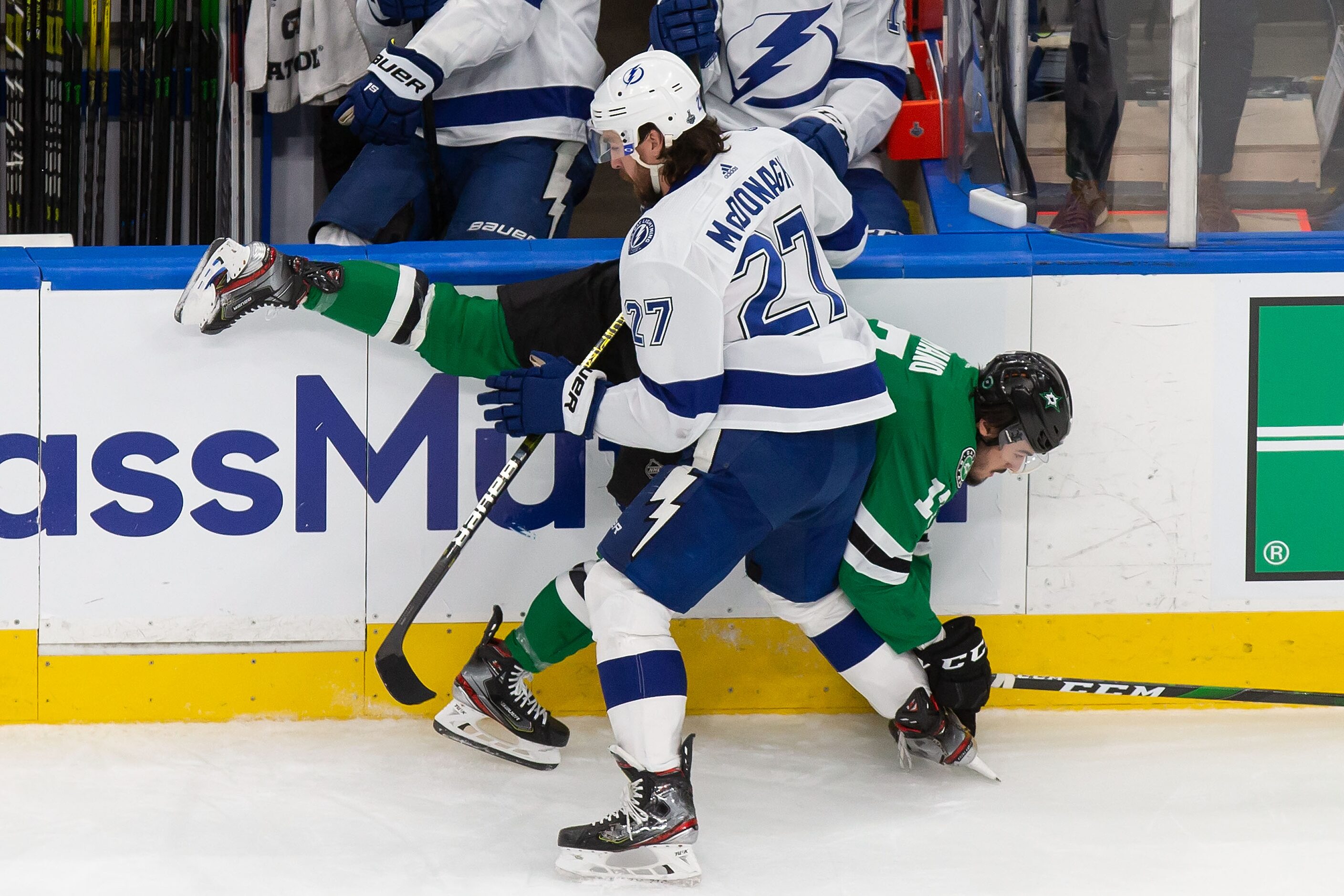 Nick Caamano (17) of the Dallas Stars battles against Ryan McDonagh (27) of the Tampa Bay...