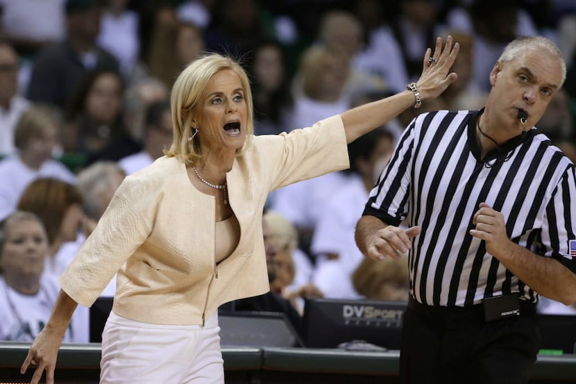 Baylor head women's coach Kim Mulkey calls in a play during the second half of an NCAA...