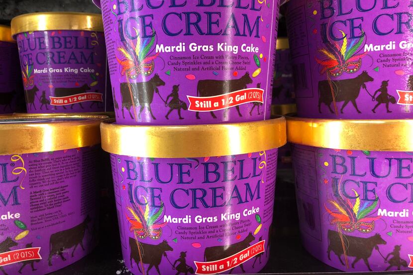 The seasonal Blue Bell flavor Mardi Gras King Cake flavor will be available this year in...
