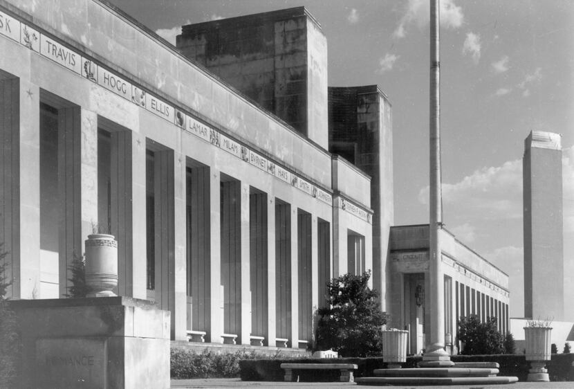 A 1952 view of the front facade of the Hall of State at Fair Park in Dallas, from the State...