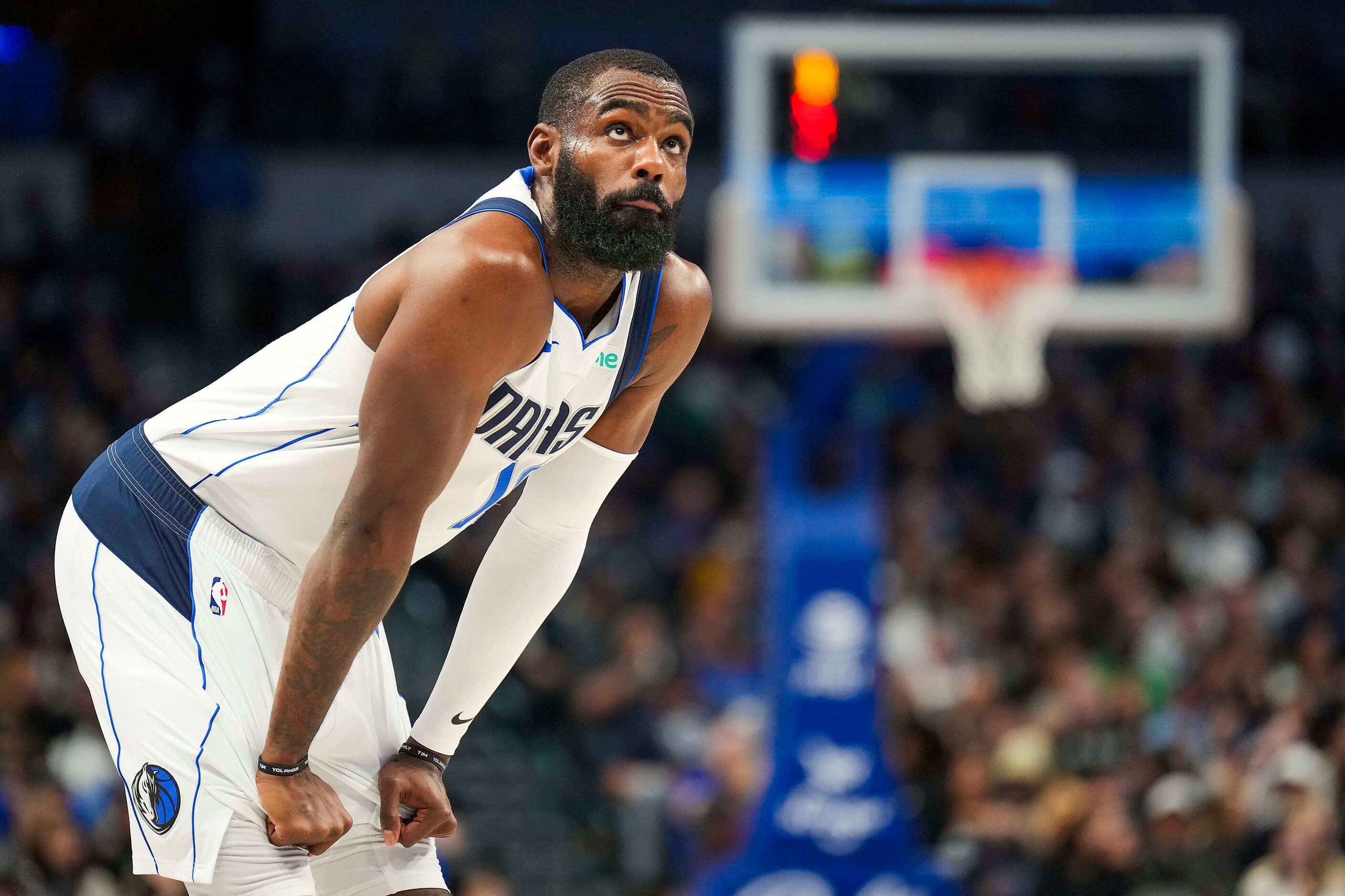 Dallas Mavericks guard Kyrie Irving (11) looks on during a stoppage in play during the first...