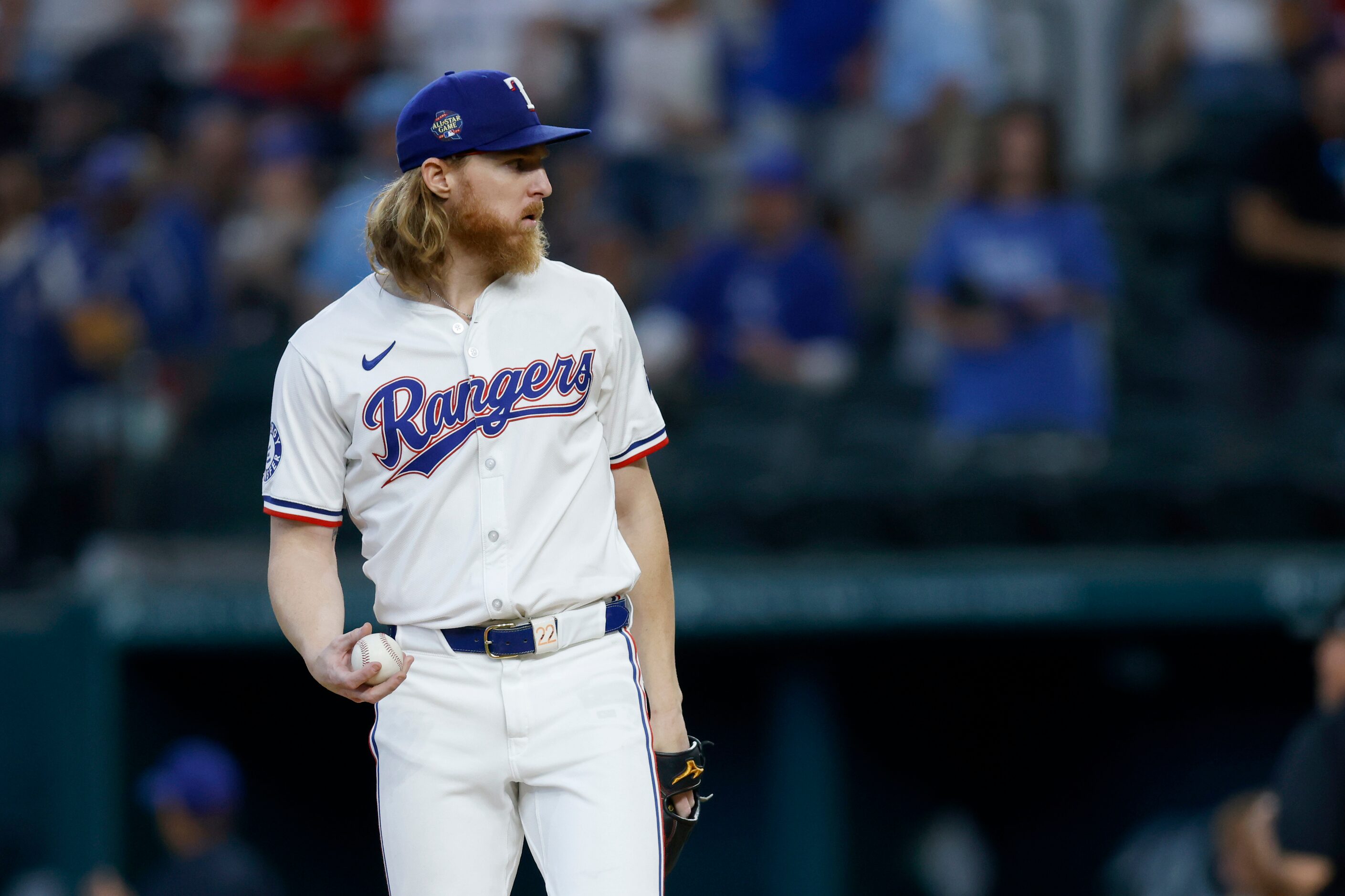 Texas Rangers starting pitcher Jon Gray (22) takes the mound before the first inning of an...