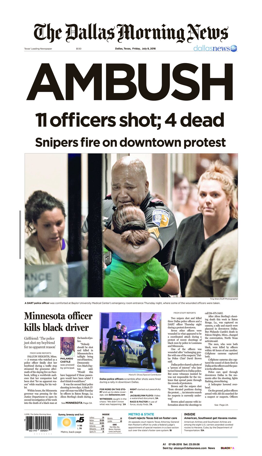 Front page of The Dallas Morning News on July 8, 2016. 