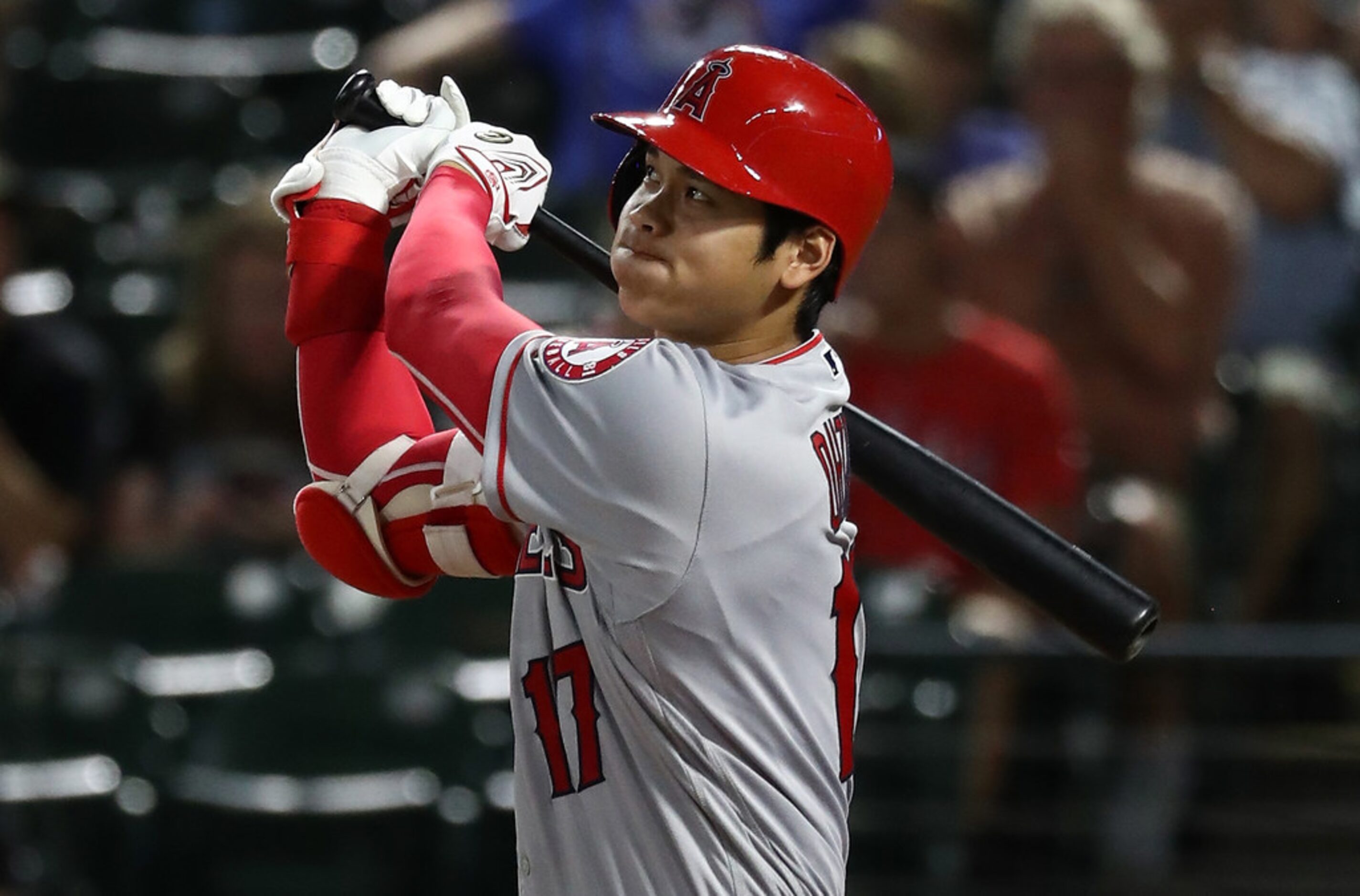 ARLINGTON, TX - SEPTEMBER 04:  Shohei Ohtani #17 of the Los Angeles Angels hits a homerun...