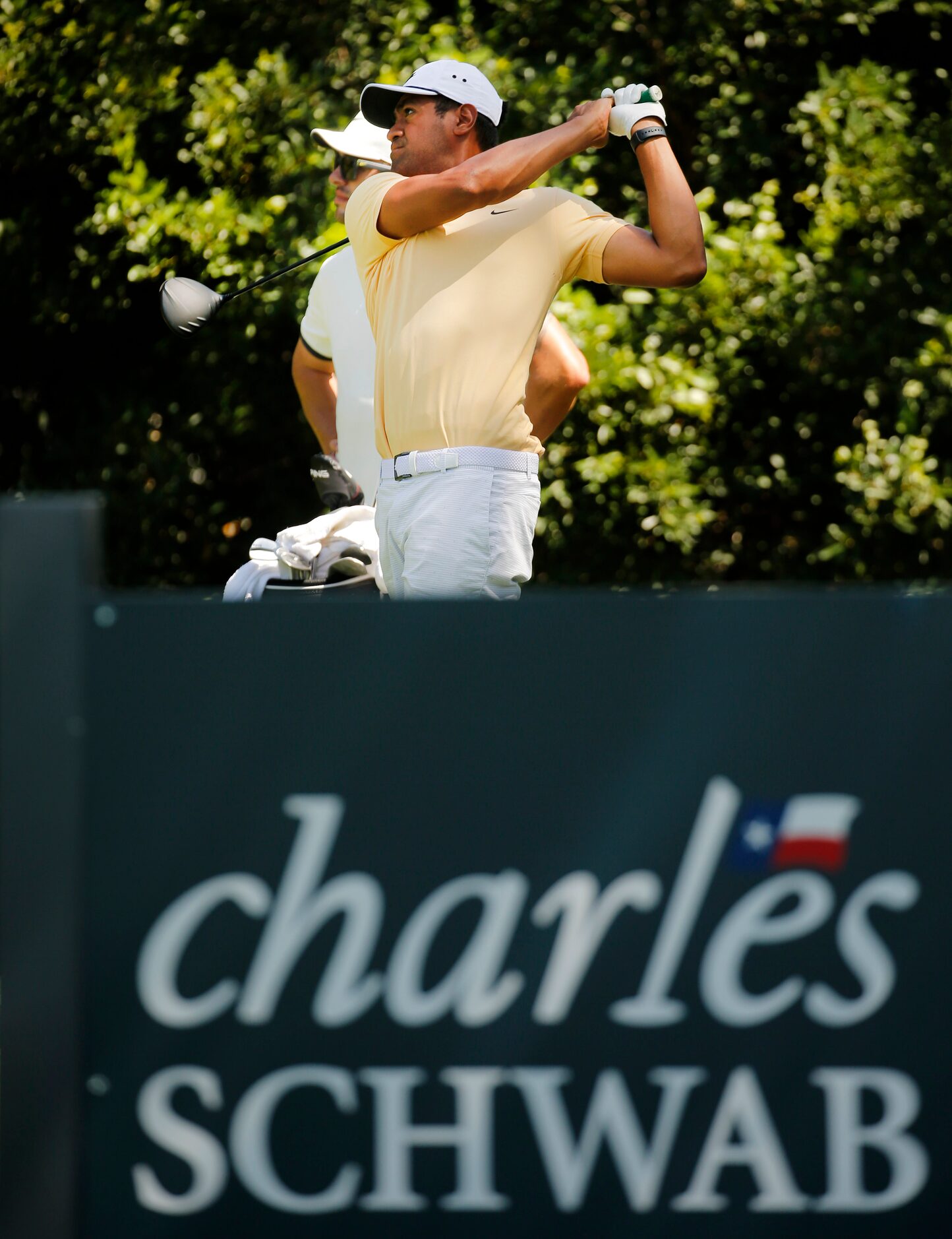 PGA golfer Tony Finau tees off on No. 12 during the Charles Schwab Challenge practice round...