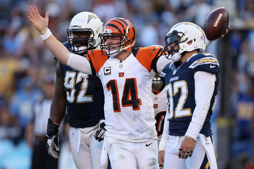 SAN DIEGO, CA - DECEMBER 02:  Quarterback Andy Dalton #14 of the Cincinnati Bengals...