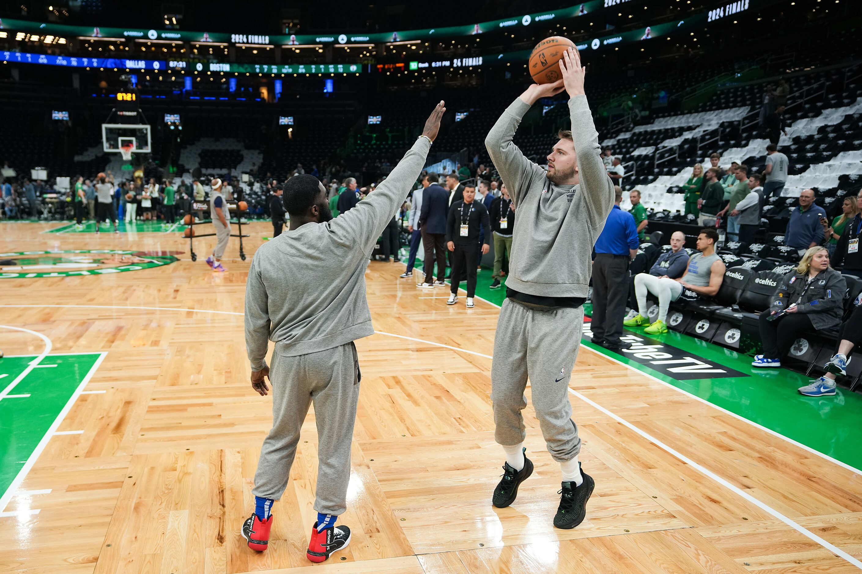 Dallas Mavericks guard Luka Doncic warms up before Game 2 of the NBA Finals against the...