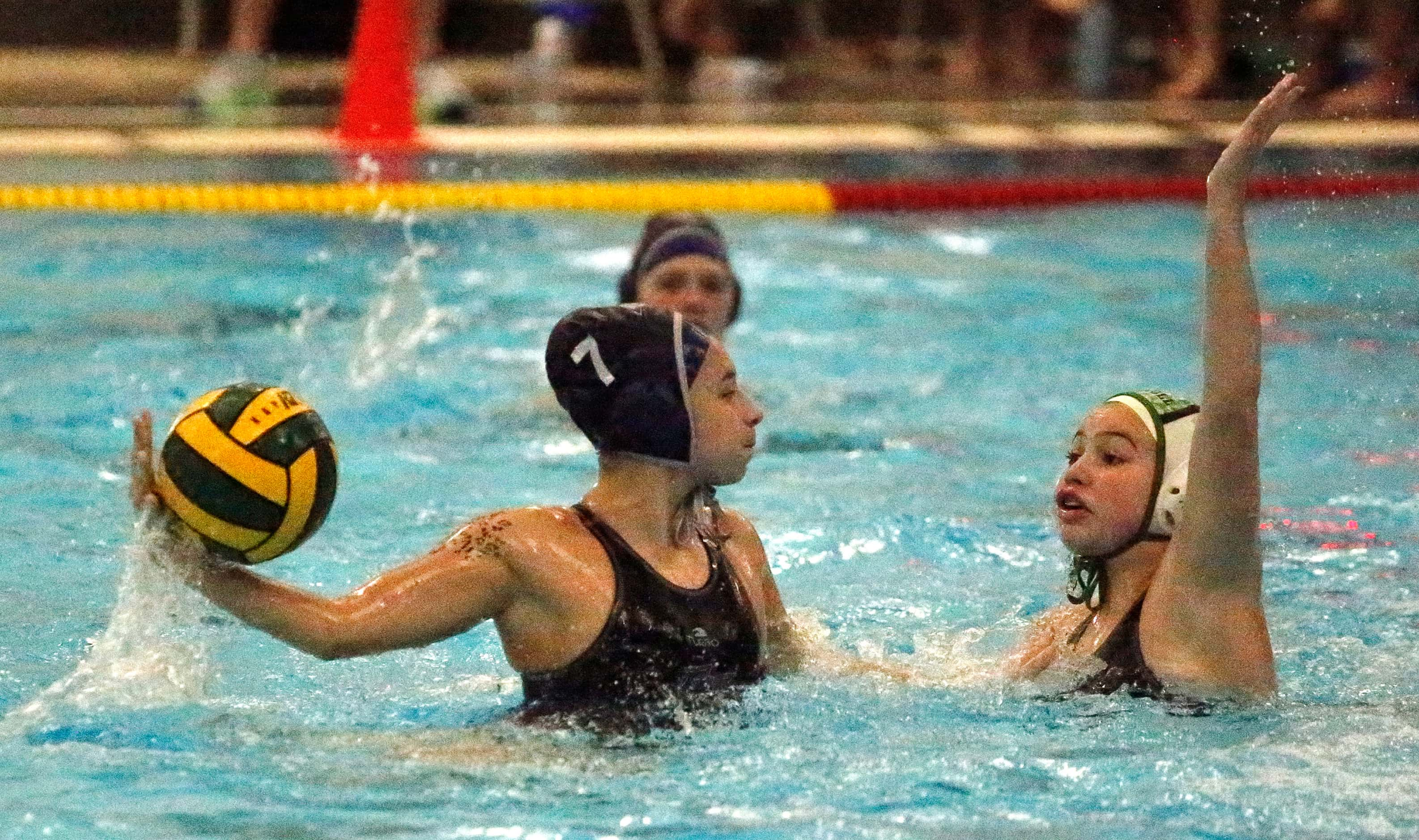 Flower Mound’s Gwyneth Le (7) looks to pass as she is defended by Southlake’s Maile Farden...