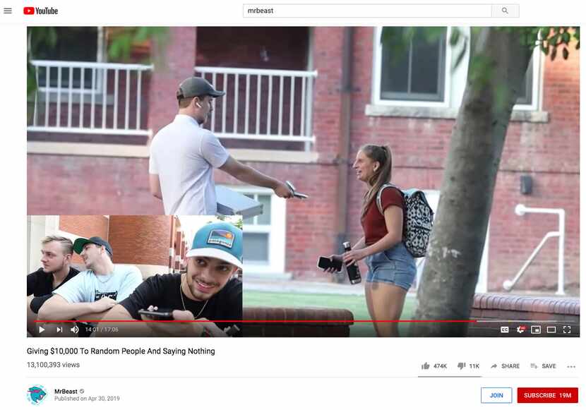 A screenshot of a MrBeast video on YouTube, titled "Giving $10,000 to Random People And...
