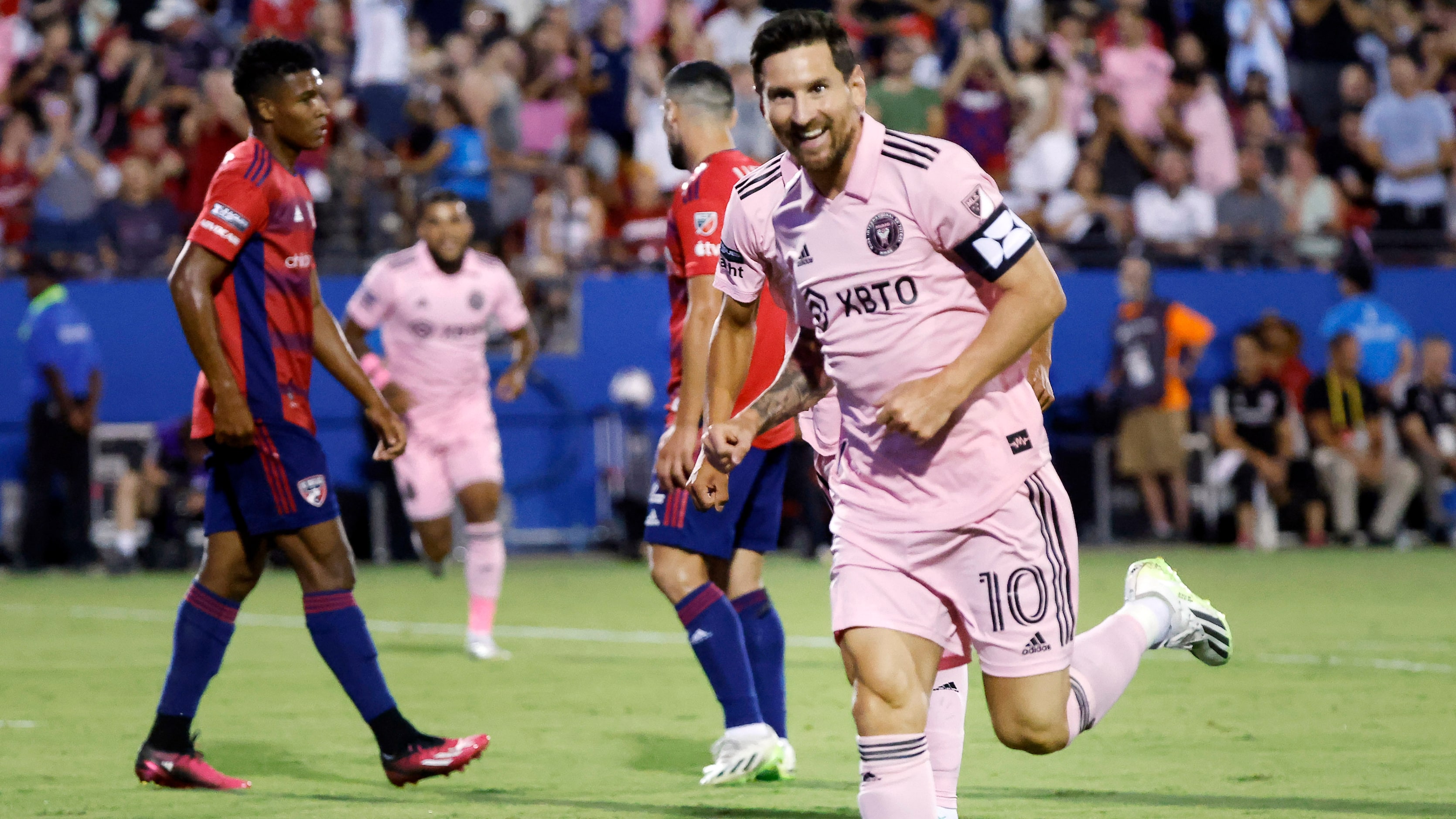 Inter Miami’s Lionel Messi (10) celebrates his first half goal agianst FC Dallas midfielder...