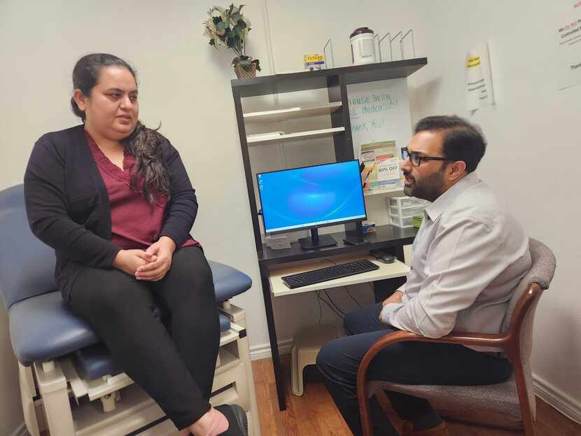 Rita Hirani speaks with Dr. Ibraheem Abbas following an appointment at the Al-Shifa Medical...